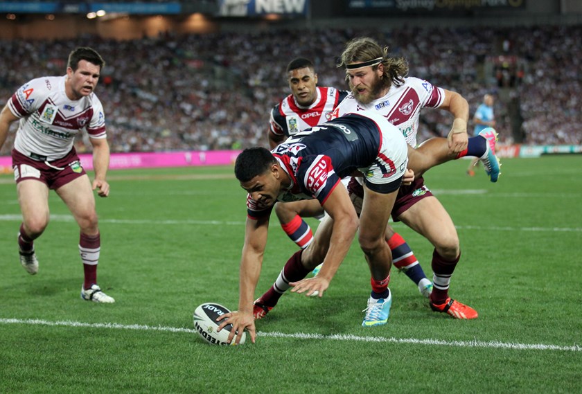 Daniel Tupou touches down against Manly in the 2013 grand final.
