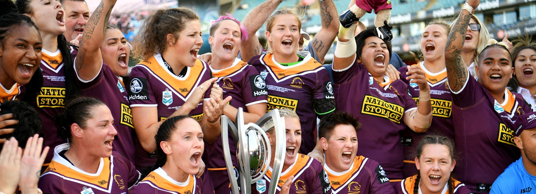 The Broncos celebrate winning the inaugural NRLW competition.