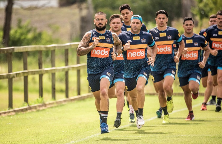 Nathan Peats leads the Titans at training.