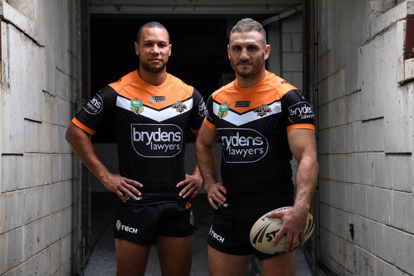 Wests Tigers players Moses Mbye and Robbie Farah.