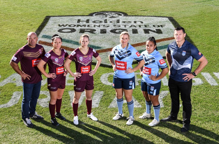 Ben Cross at the launch of the 2018 State of Origin Blues players Ruan Sims and Simaima Taufa, with Queensland trio Jason Hetherington, Brittaney Breayley and Karina Brown.