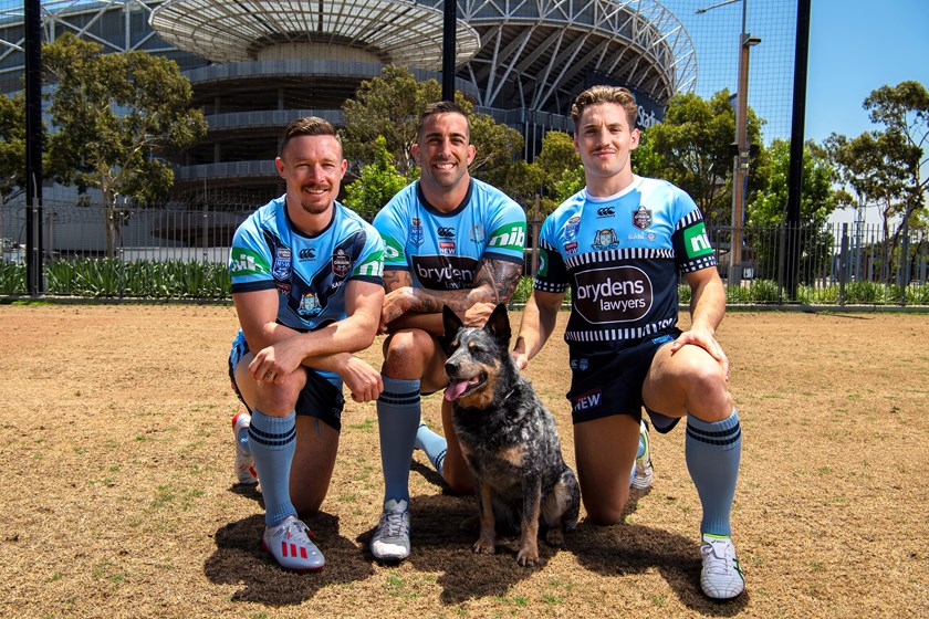 Damien Cook, Paul Vaughan and Cameron Murray model the new Blues jerseys for 2020.