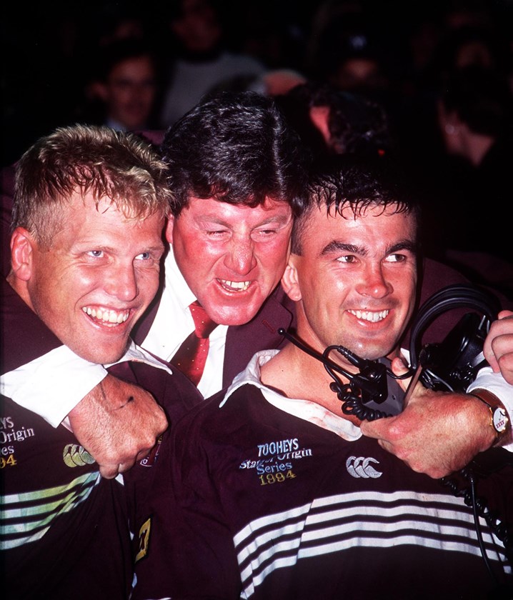 Chris Close during his time as Maroons team manager in the 1990s with Gary Larson and Andrew Gee.