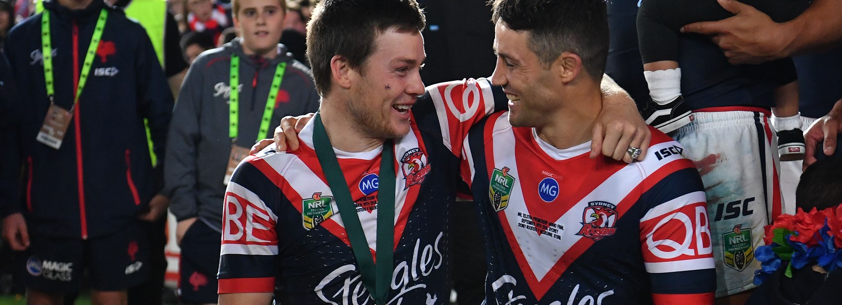 Luke Keary and Cooper Cronk after the 2018 grand final.