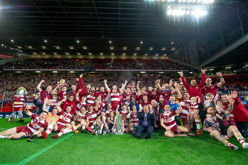 Wigan celebrate their 2018 Super League victory.
