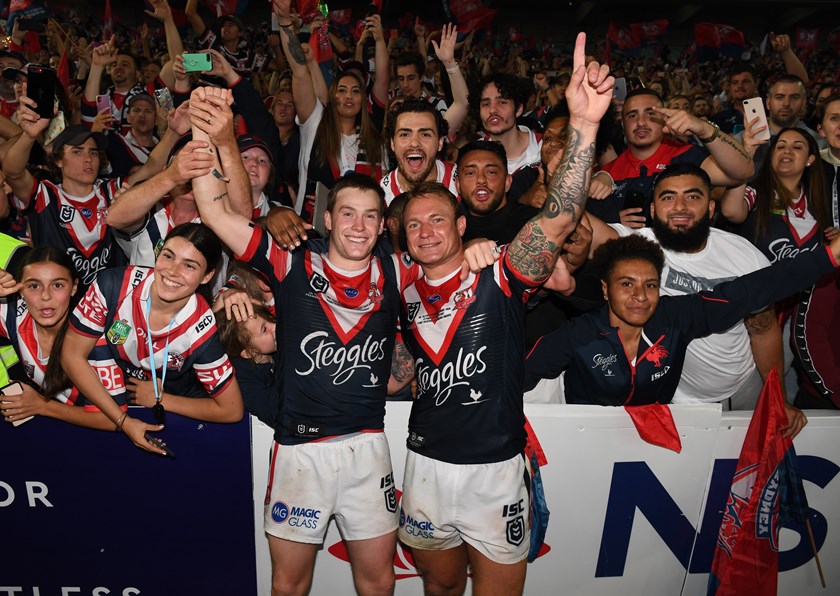 Luke Keary and Jake Friend after winning the grand final.