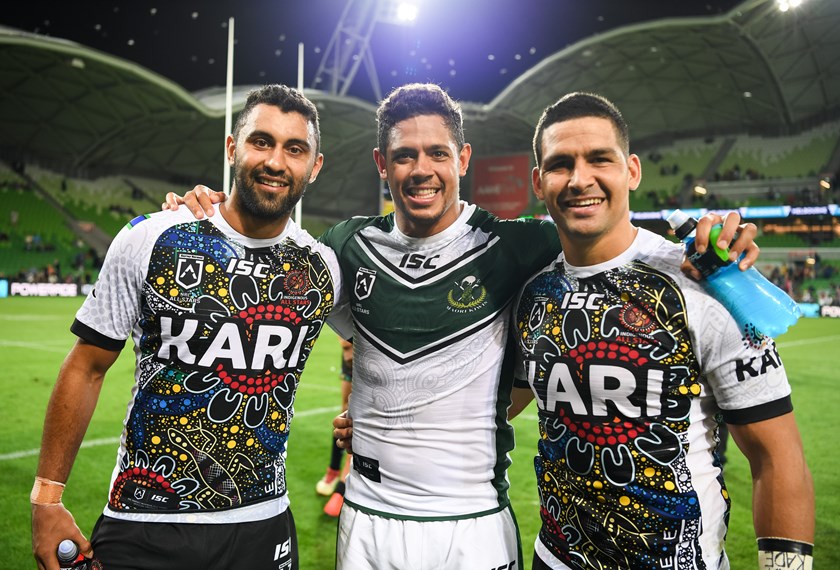 Alex Johnston, Dane Gagai and Cody Walker after the 2019 All Stars match