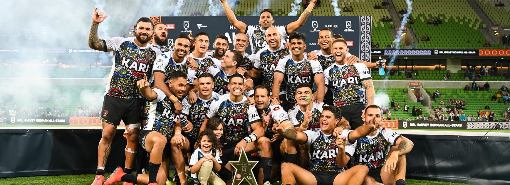 Indigenous All Stars celebrate their victory at AAMI Park in 2019.