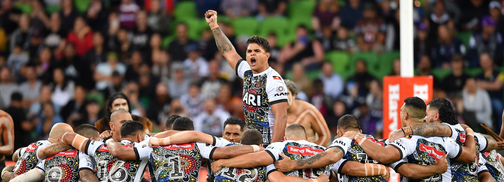 Latrell Mitchell leads the Indigenous All Stars war cry.