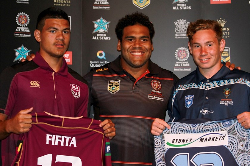 David Fifita with Sam Thaiday following his selection in the Murri under 16 team.