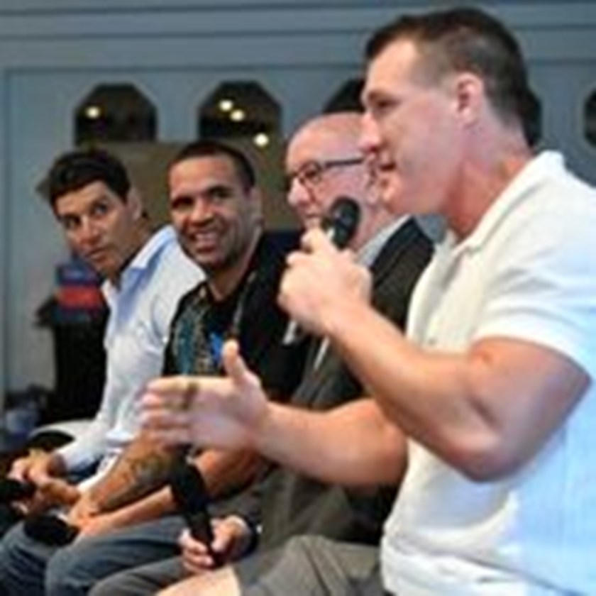 Sharks captain Paul Gallen speaking at the Lance Thompson Tribute. Alongside Gallen are boxing trainer Johnny Lewis and Thompson's former Dragons teammates Anthony Mundine and Trent Barrett.