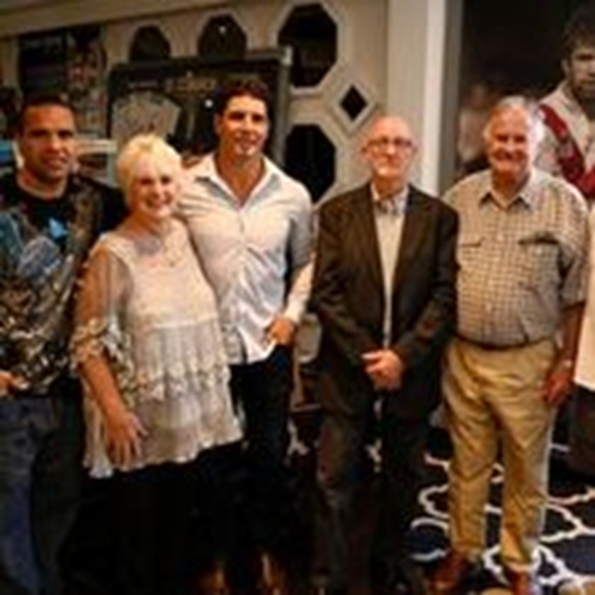 At the Lance Thompson Tribute are his parents Joan and Brian, Anthony Mundine, Trent Barrett and Johnny Lewis.