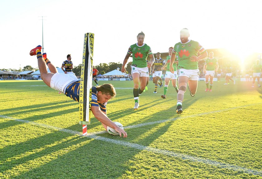 Ethan Parry grabs a try for the Eels.
