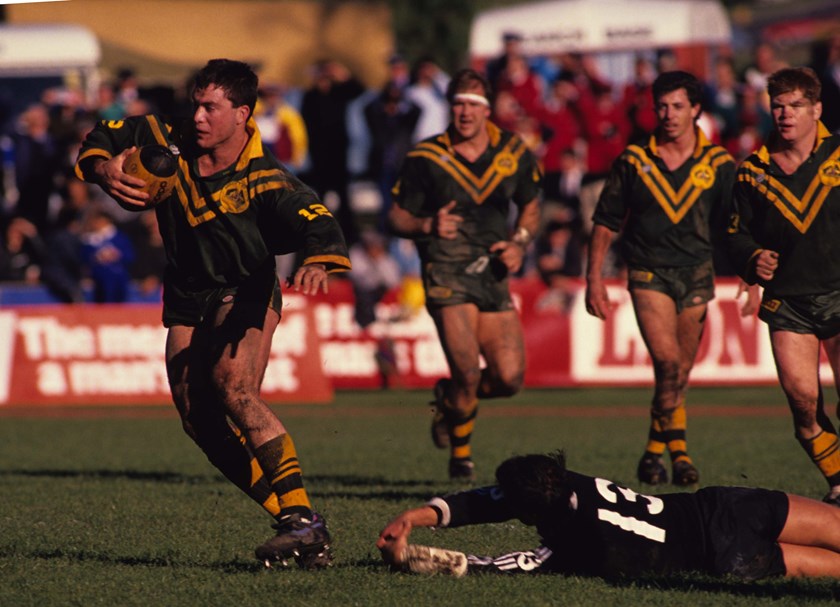Bradley Clyde evades the New Zealand defence in 1989.