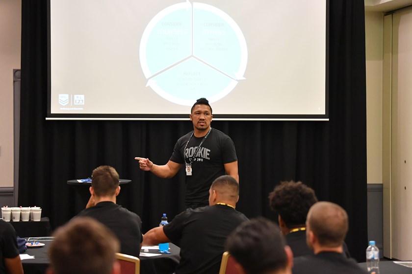 Clinton Toopi speaks to young players as part of his work with the NRL Community team.