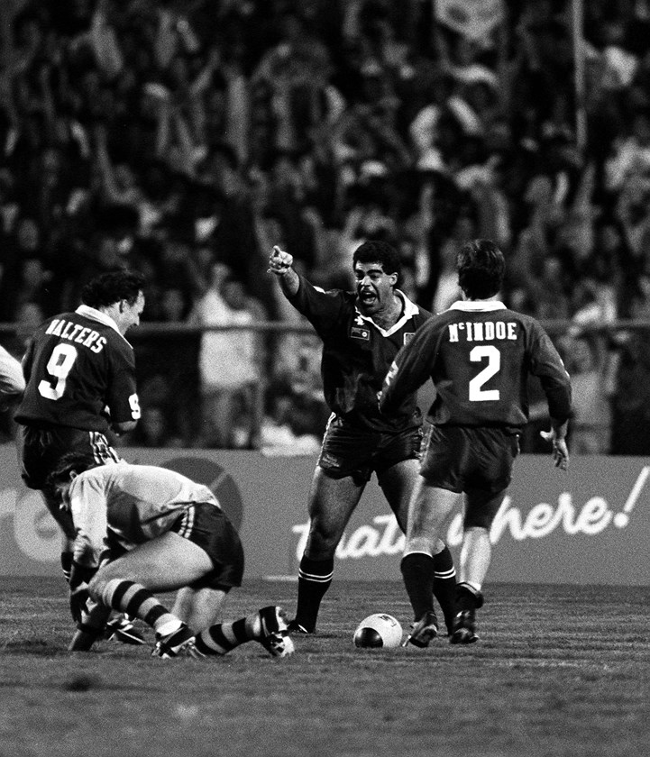 Queensland centre Mal Meninga celebrates after scoring in game one of the 1989 series.