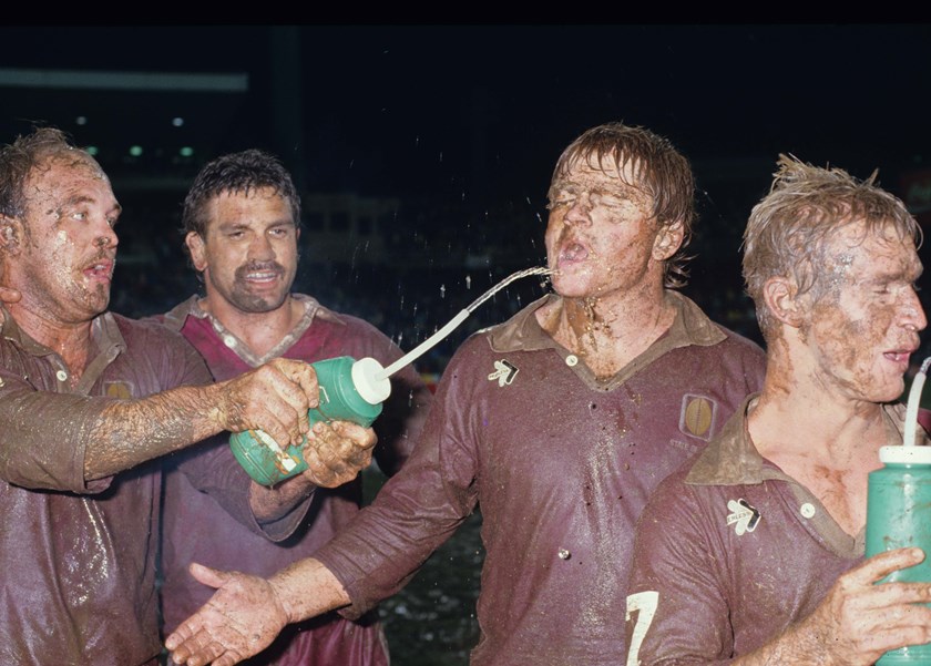 Wally Lewis sprays Paul Vautin's face after the 1987 Origin II win in Sydney.