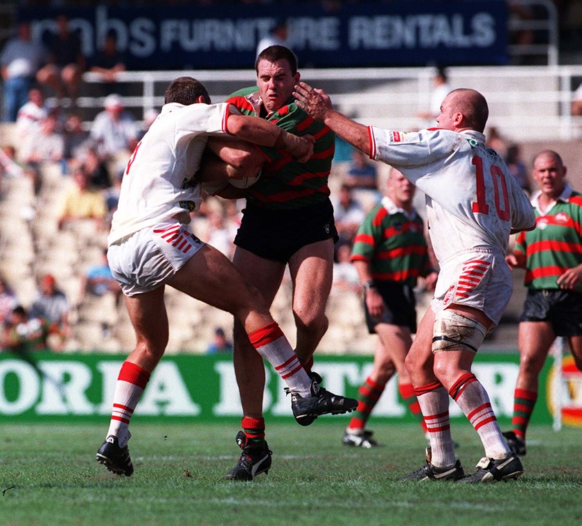 Matt Parsons rips in for the Rabbitohs in 1999.