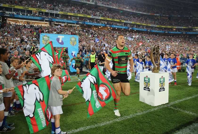 Sam Burgess takes the field for the 2014 grand final.