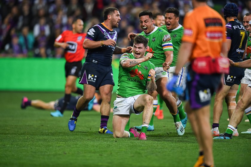 Canberra Raiders back-rower John Bateman celebrates.