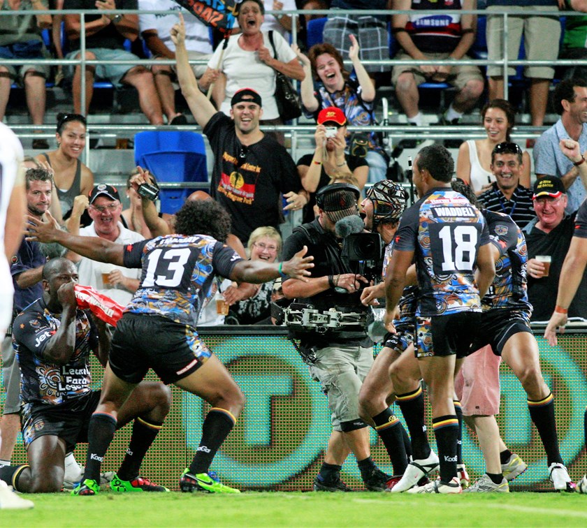 Wendell Sailor celebrates a try in the 2010 All Stars game.