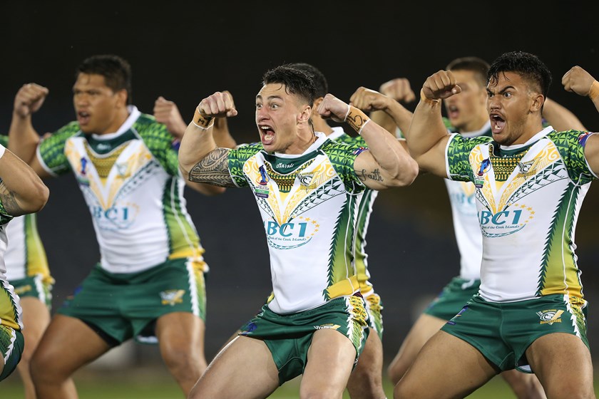 Charnze Nicoll-Klokstad does the haka for the Cook Islands in 2015.