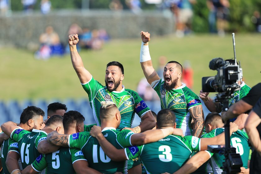 Cook Islands players perform their pre-game war cry in 2017.