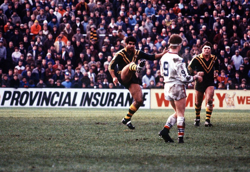 Mal Meninga kicks a goal against the Lions during the 1982 Ashes series.