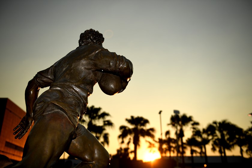 Rugby league Immortal Arthur Beetson's statue at Suncorp Stadium.