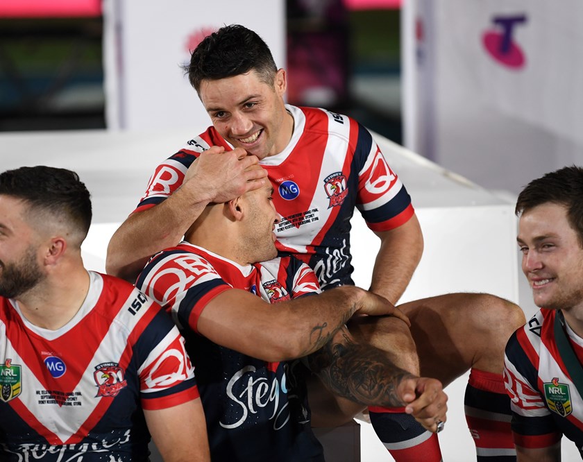 Cooper Cronk and Blake Ferguson after the 2018 grand final win.