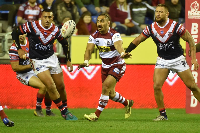 Wigan Warriors playmaker Thomas Leuluai takes on the Roosters in the World Club Challenge.