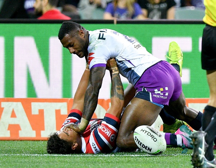 Storm winger Suliasi Vunivalu after he was stopped by Latrell Mitchell's try-saver.