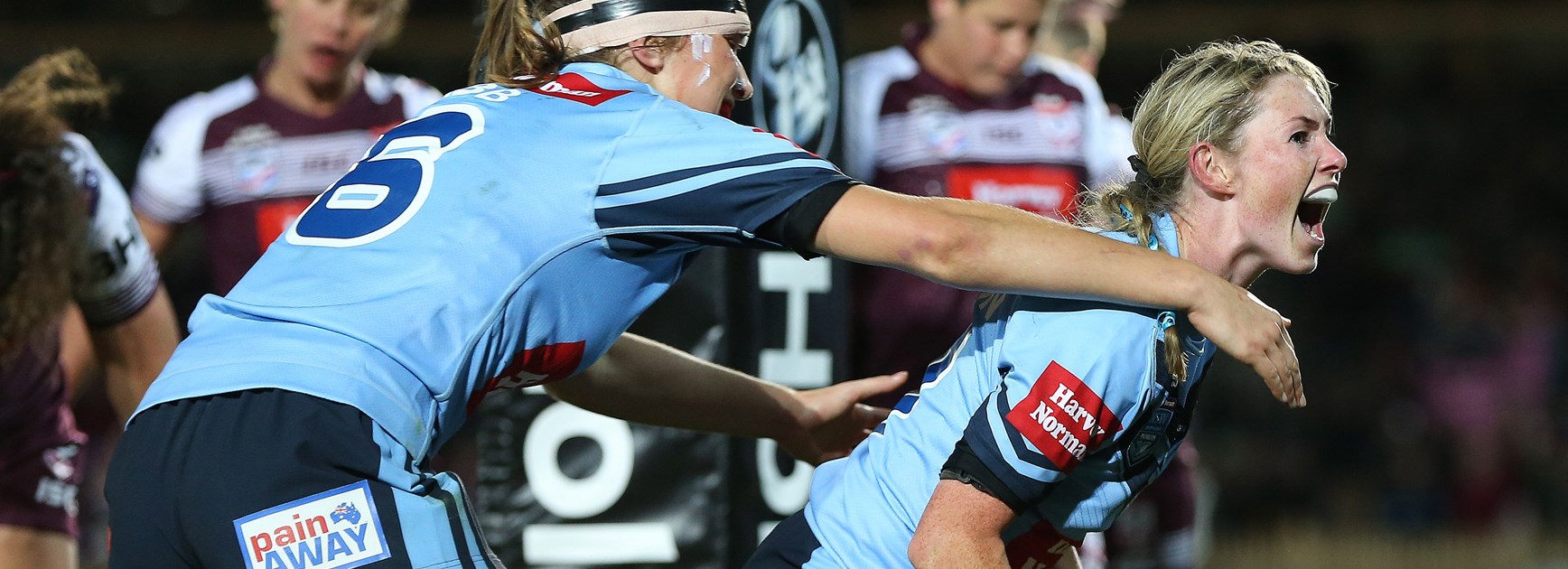 Maddie Studdon celebrates a try for NSW.