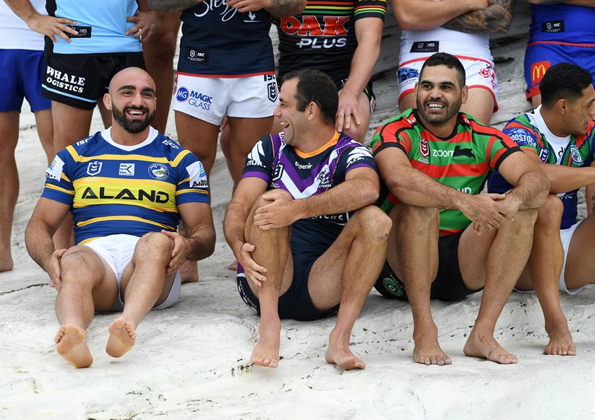 Tim Mannah, Cameron Smith and Greg Inglis at the 2019 NRL launch.