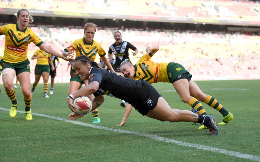 Honey Hireme scores a try for New Zealand in 2017 World Cup final loss to Australia.