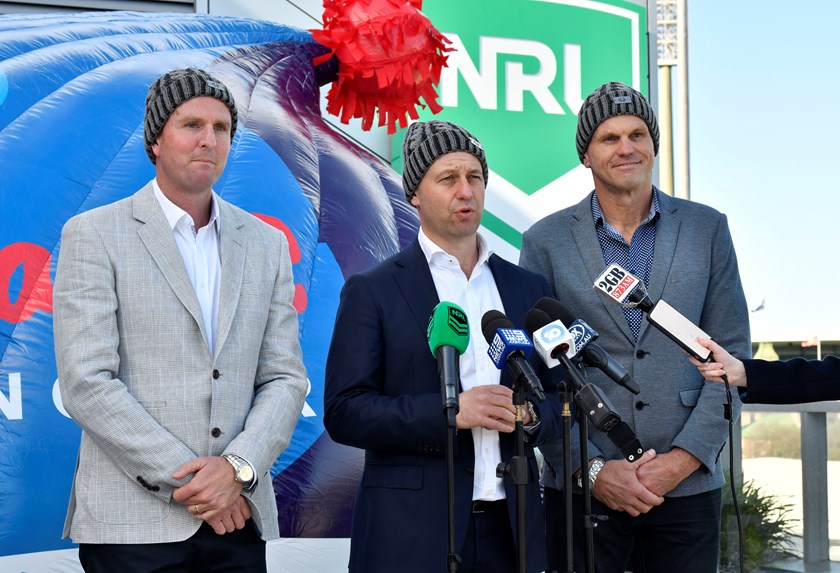 Mark Hughes and Paul Harragon with NRL CEO Todd Greenberg.