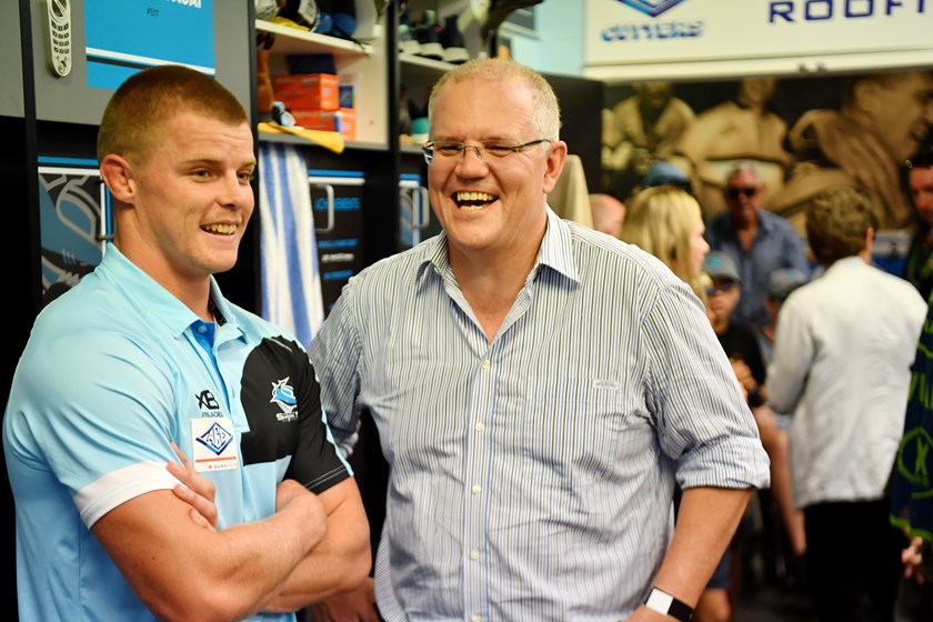 Jayden Brailey and Prime Minister Scott Morrison in Sharks shed.