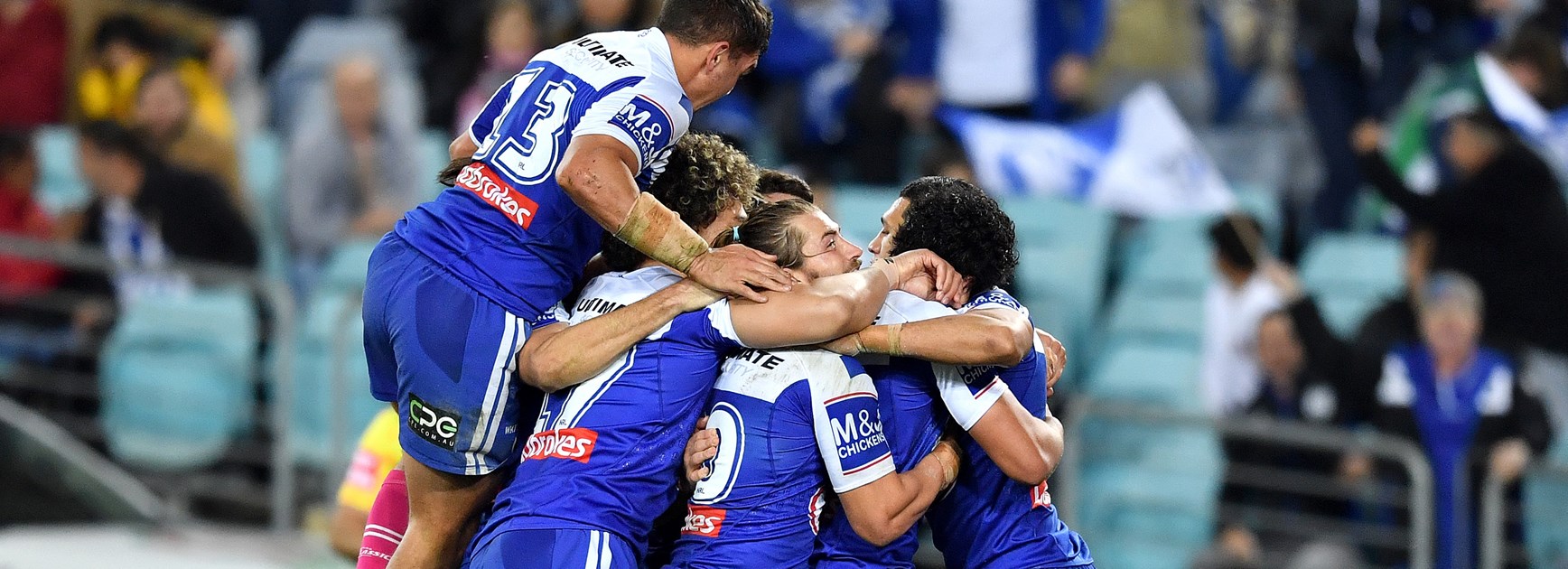 The Bulldogs celebrate a try against Souths.