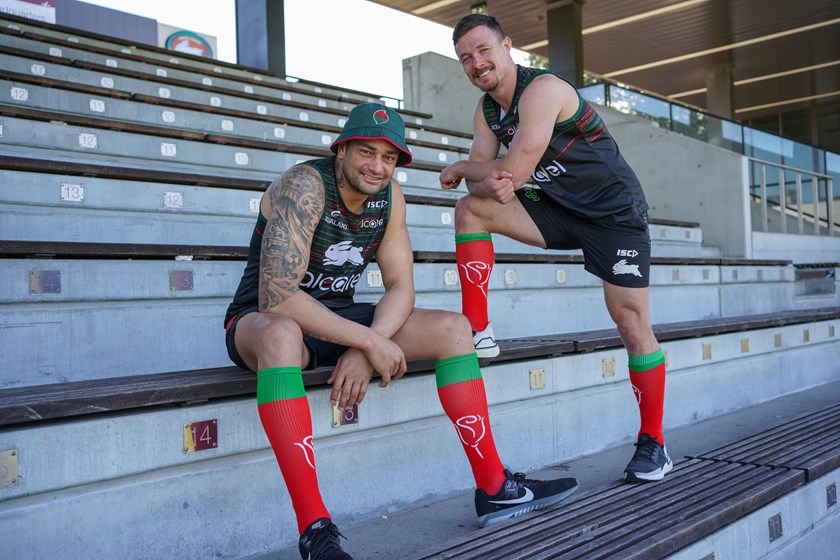 Rabbitohs duo John Sutton and Damien Cook with their special socks.