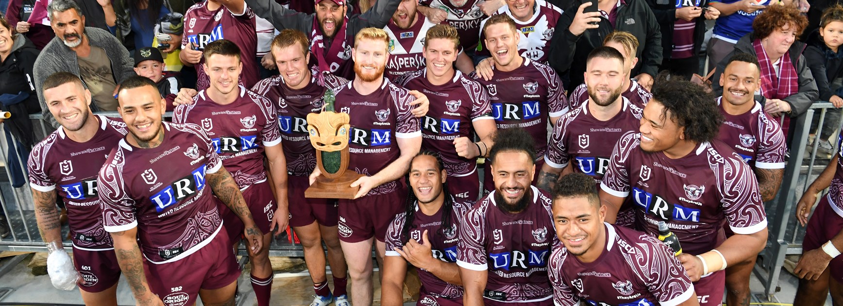 The Sea Eagles celebrate their win over the Warriors in Christchurch.