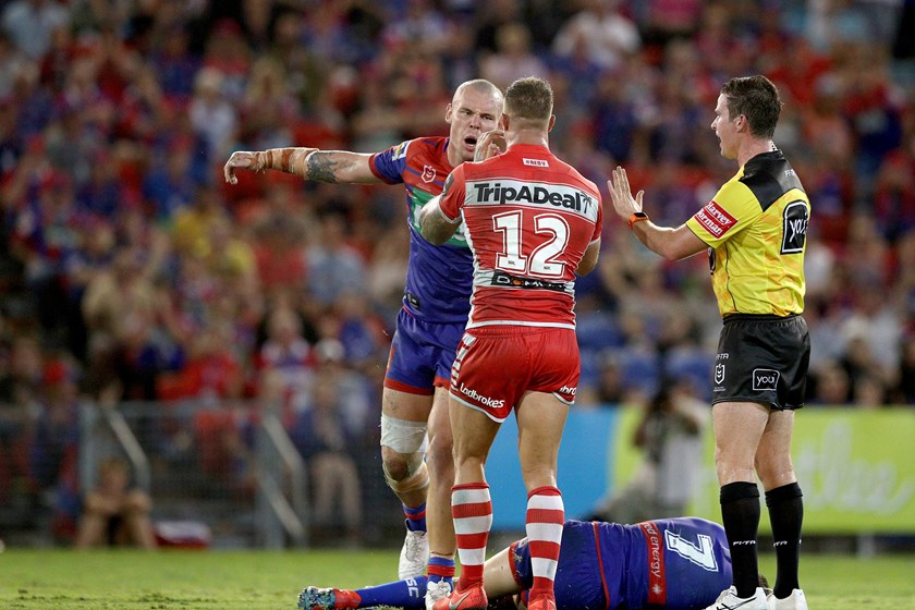 David Klemmer reacts to Tariq Sims' challenge on Mitchell Pearce.