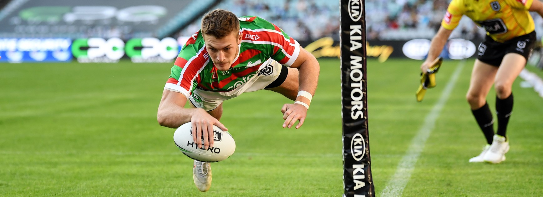 Souths winger Campbell Graham scores in the corner.