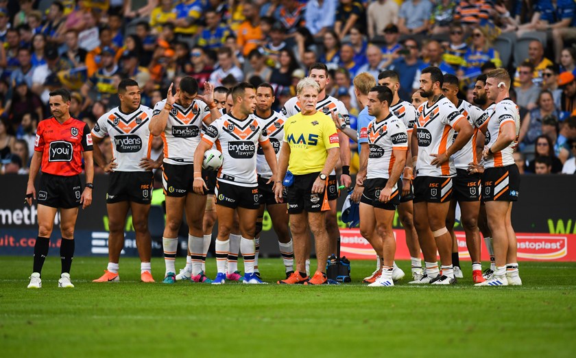 The Wests Tigers during their round six clash against Parramatta.