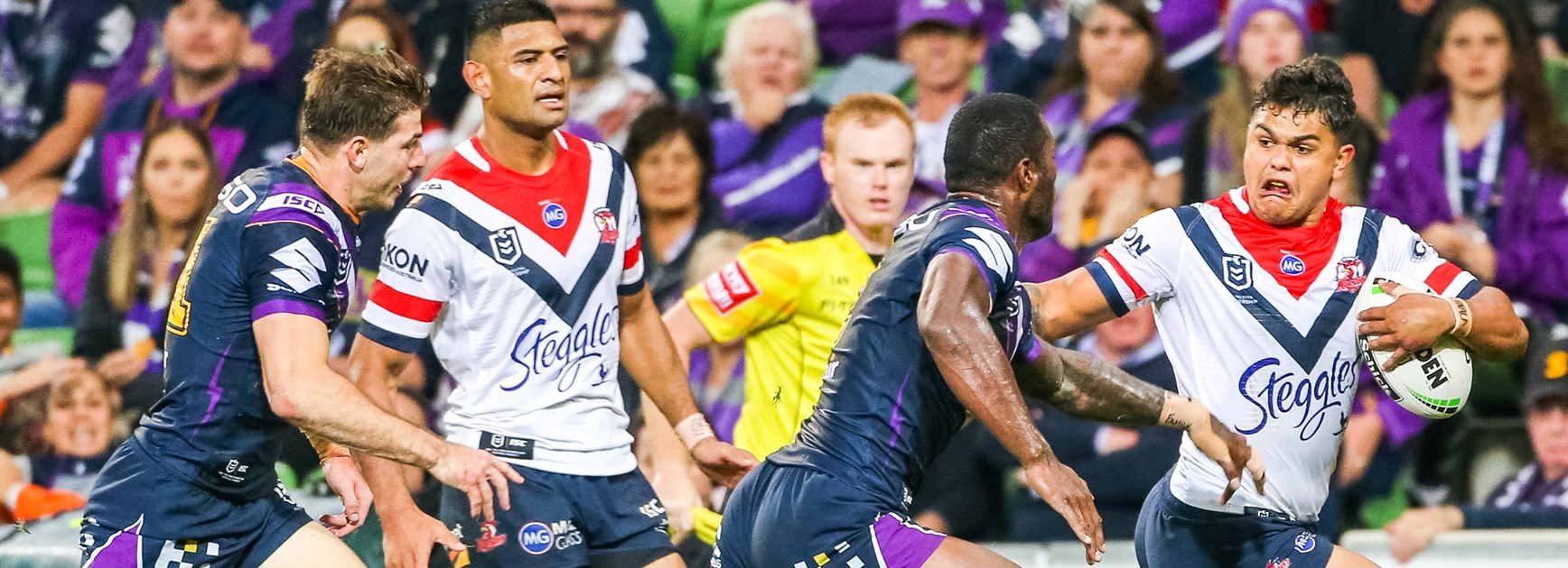 Latrell Mitchell on the fly against the Storm on Good Friday.