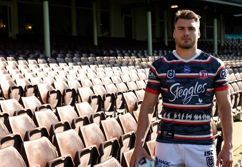 Angus Crichton wearing the Roosters' Anzac Day jersey.