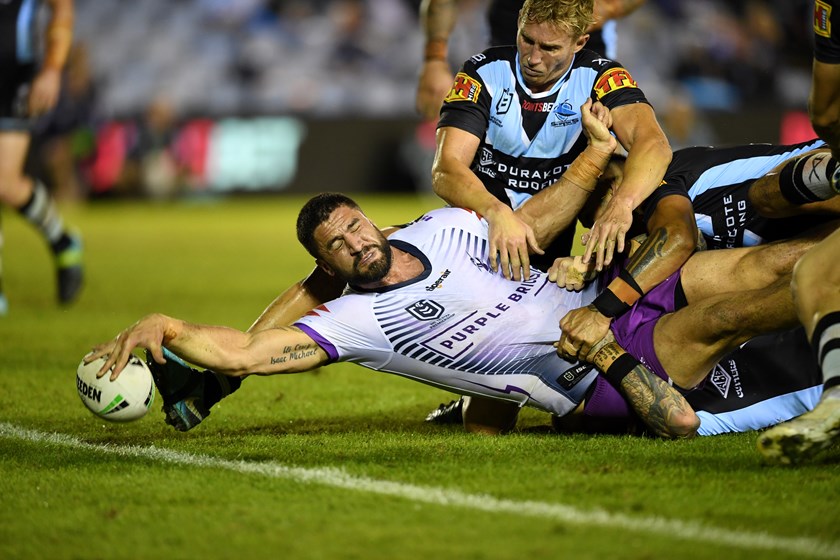 Jesse Bromwich grabs a rare four-pointer against the Sharks.