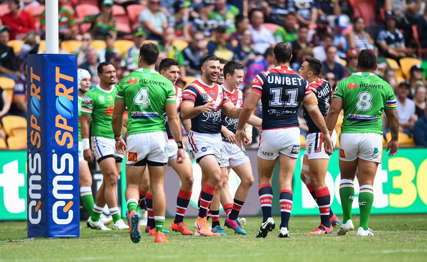 The Roosters celebrate during their Magic Round win over the Raiders.