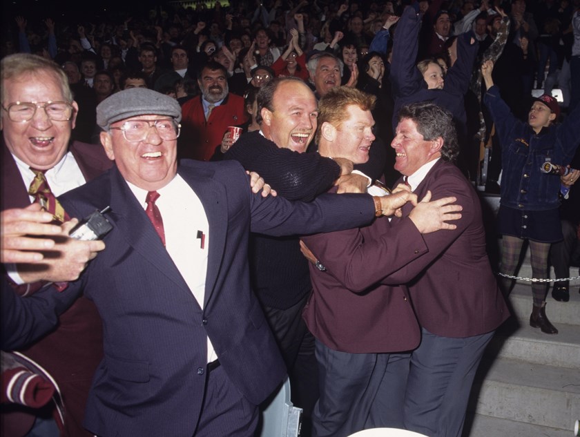 Dick 'Tosser' Turner celebrates with Wally Lewis, Paul Vautin and Chris Close in 1995.