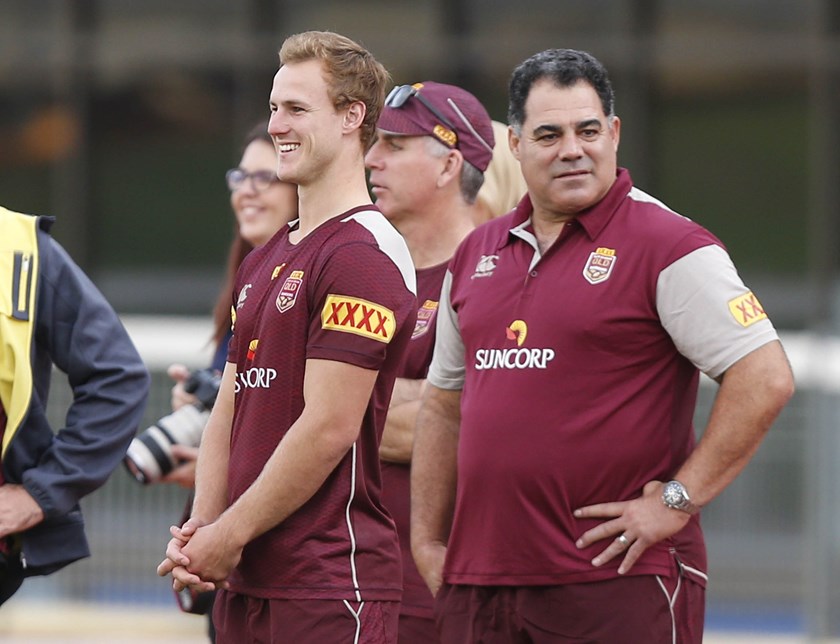 Michael Hagan (centre) with Daly Cherry-Evans and Mal Meninga