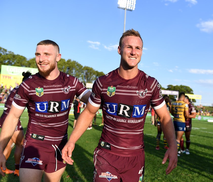 Jackson Hastings (left) and Daly Cherry-Evans in happier times at Manly.